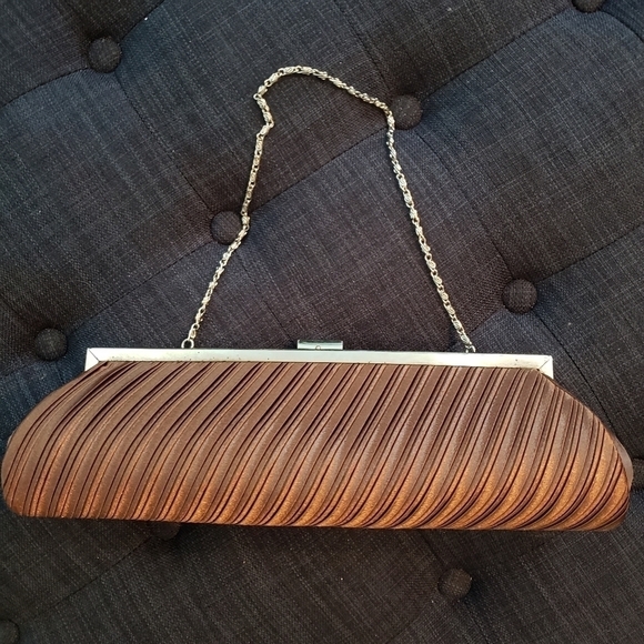 BROWN PLEATED SATIN CLUTCH - Picture 1 of 6